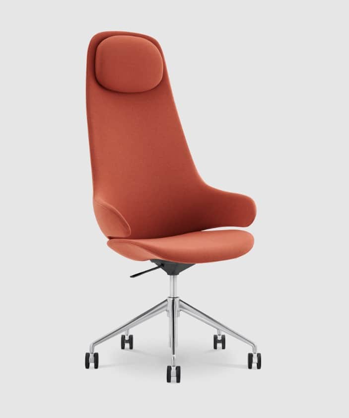 A modern office chair with a high back and an integrated headrest, upholstered in a textured fabric.… — 3D model