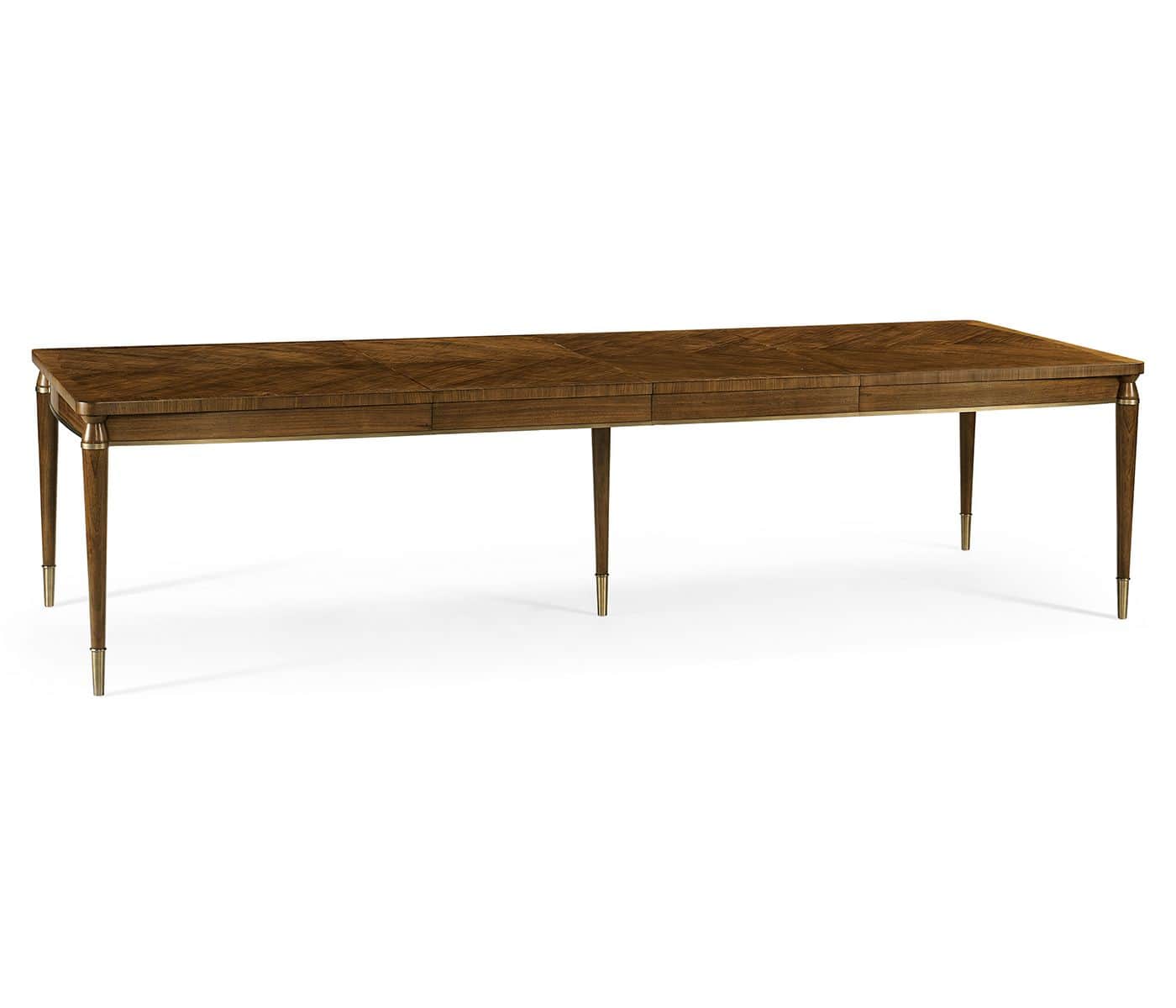 A long, rectangular dining table featuring a dark wood finish with an inlaid, patterned veneer top.… — 3D model