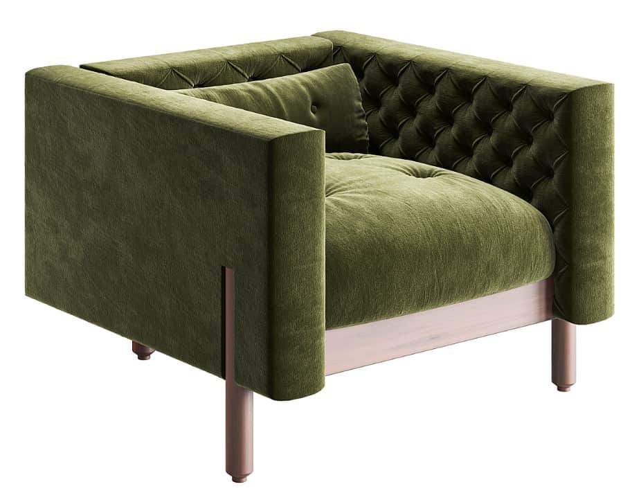 A modern armchair upholstered in deep olive green velvet. The chair features a boxy silhouette with… — 3D model