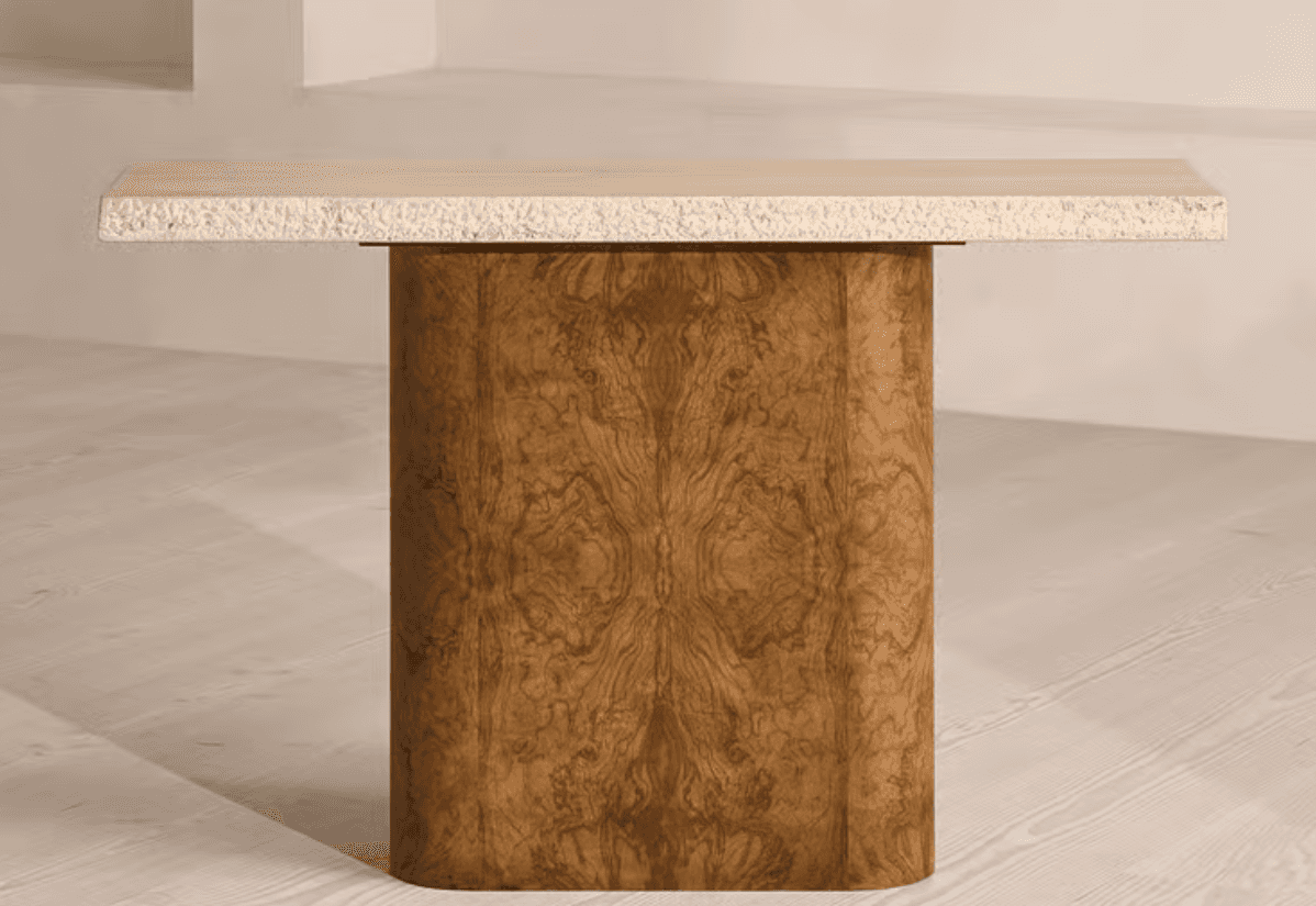 A contemporary console table featuring a rectangular top crafted from light beige travertine stone,… — 3D model