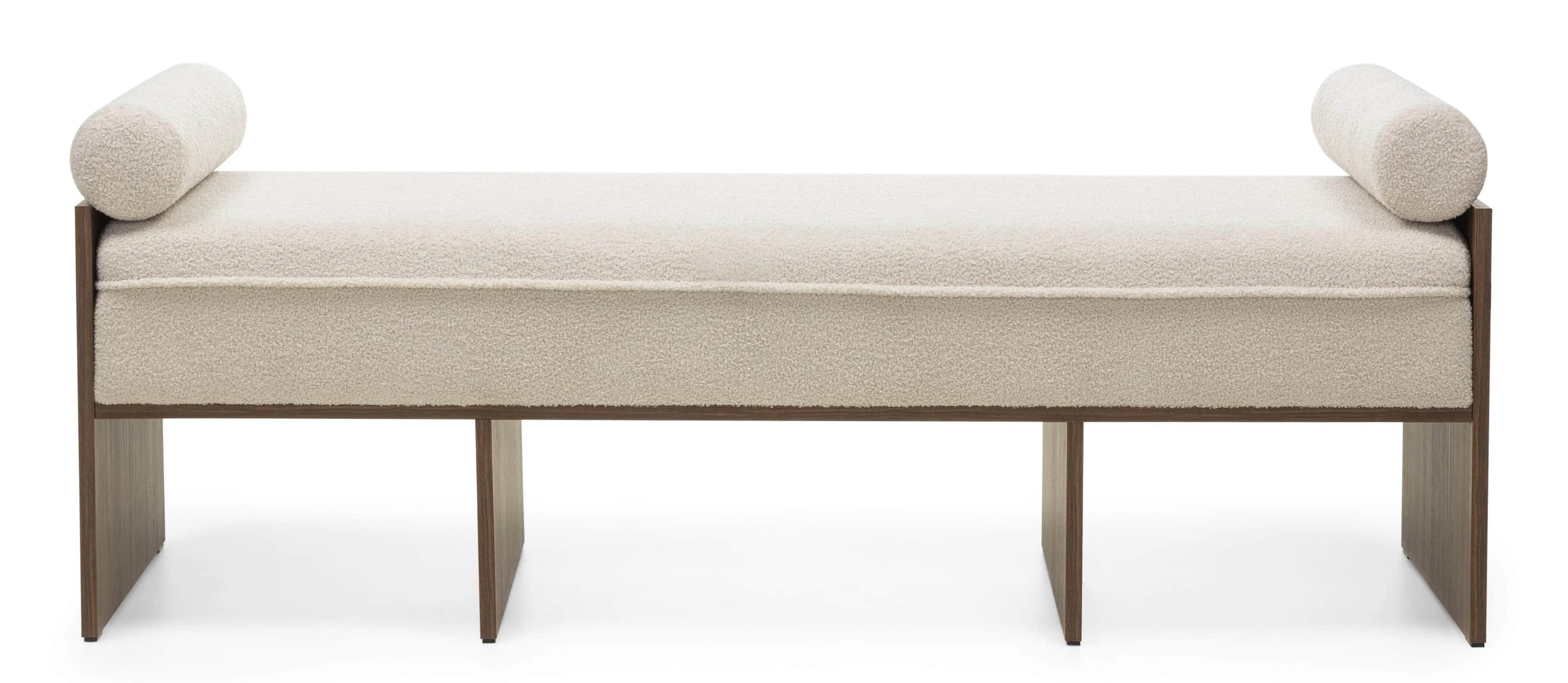 A contemporary bench featuring a rectangular, upholstered seat in cream-colored boucle fabric, accen… — 3D model