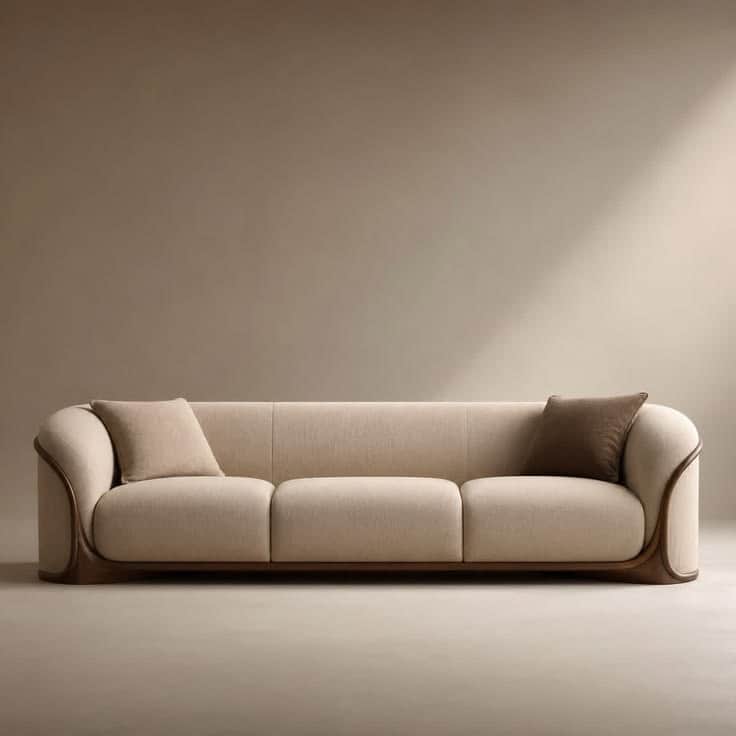 A contemporary three-seater sofa featuring a light-colored fabric upholstery on the seat, backrest,… — free GLTF 3D model