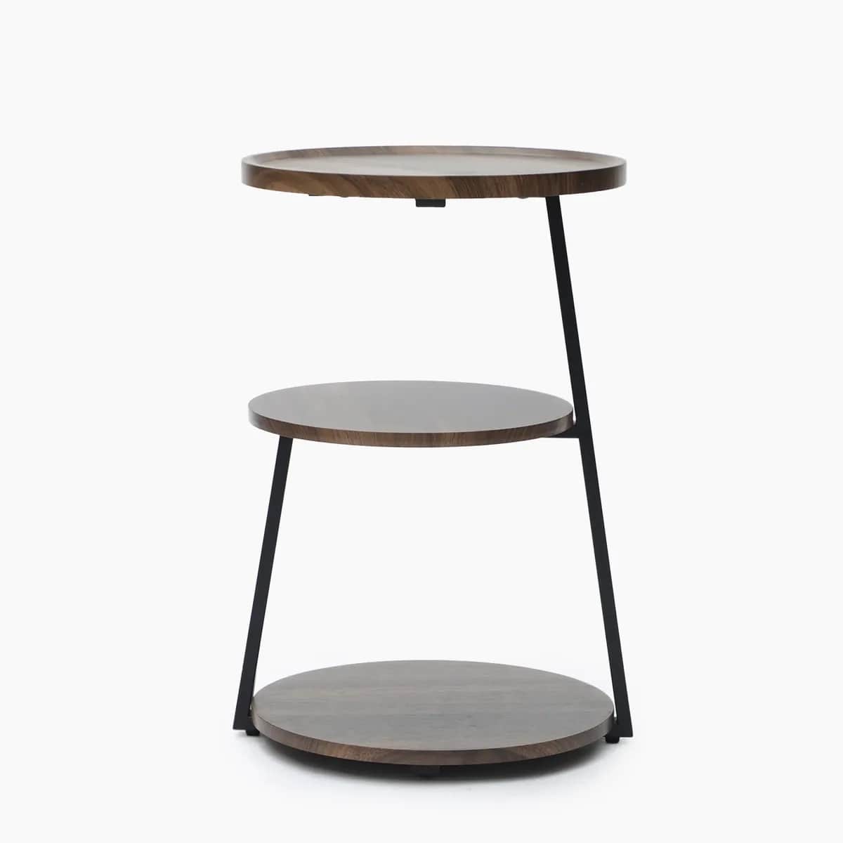 A modern three-tiered round accent table featuring dark wood shelves and a black metal frame. The to… — 3D model