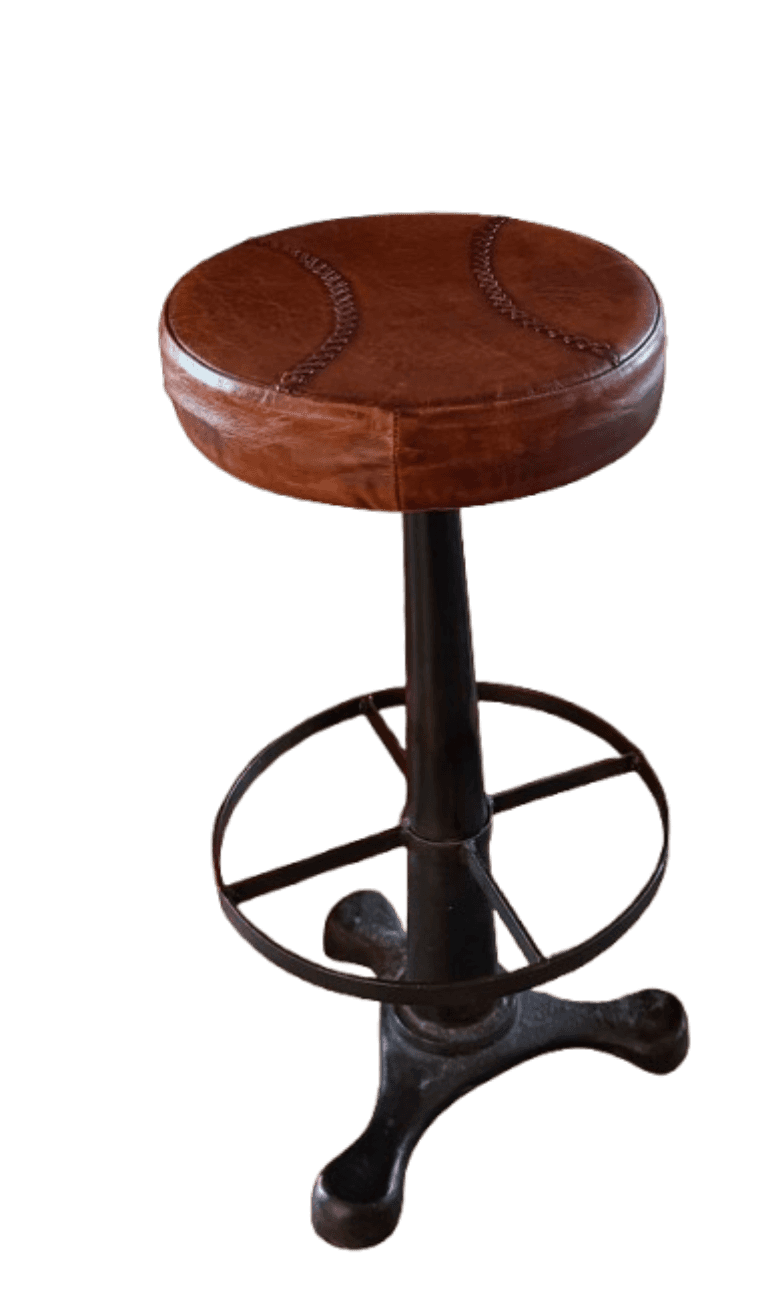 A tall, backless seating unit featuring a round, brown leather upholstered seat with decorative base… — 3D model