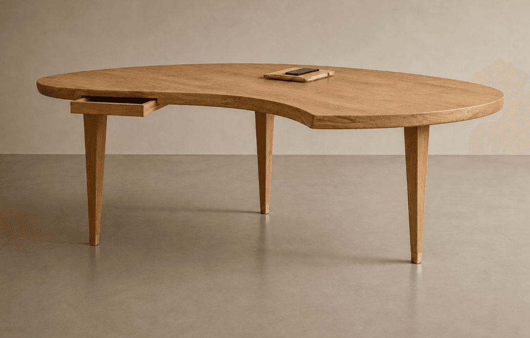 A kidney-shaped coffee table crafted from light-toned wood, featuring four tapered legs and a small,… — 3D model