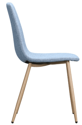 A contemporary dining chair featuring a light blue upholstered seat and backrest, integrated into a… — 3D model