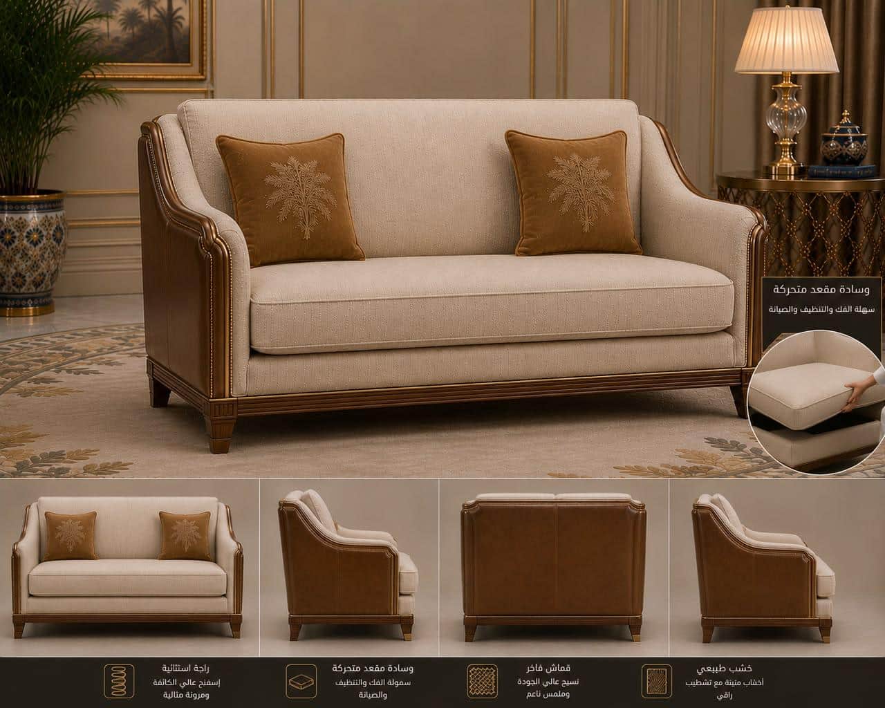 A traditional two-seater loveseat featuring an exposed dark wood frame, upholstered in a light beige… — 3D model
