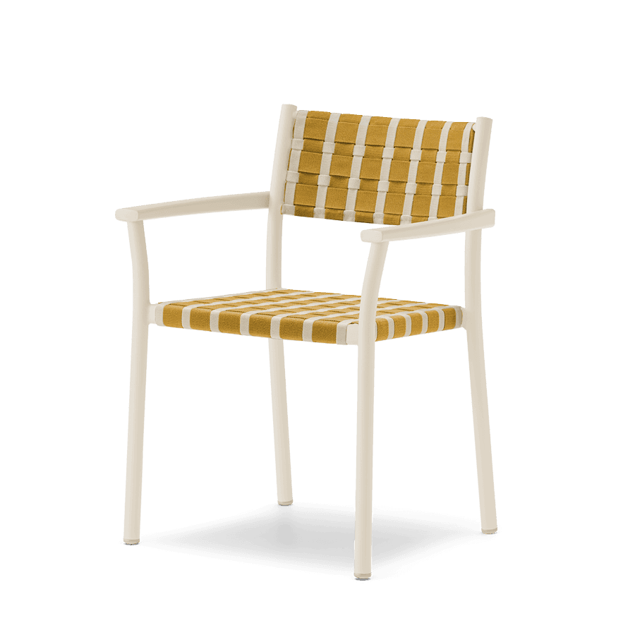 A contemporary armchair with a light-colored powder-coated metal frame and a woven seat and backrest… — free OBJ 3D model