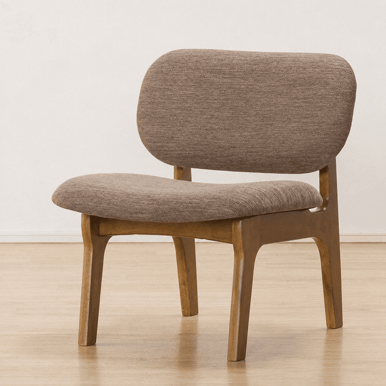 An armless chair with a dark wood frame and upholstered seat and backrest in a light beige fabric. T… — 3D model