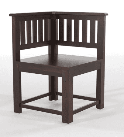 A dark brown wooden corner chair featuring a solid seat and slatted backrests on two sides, designed… — free OBJ 3D model
