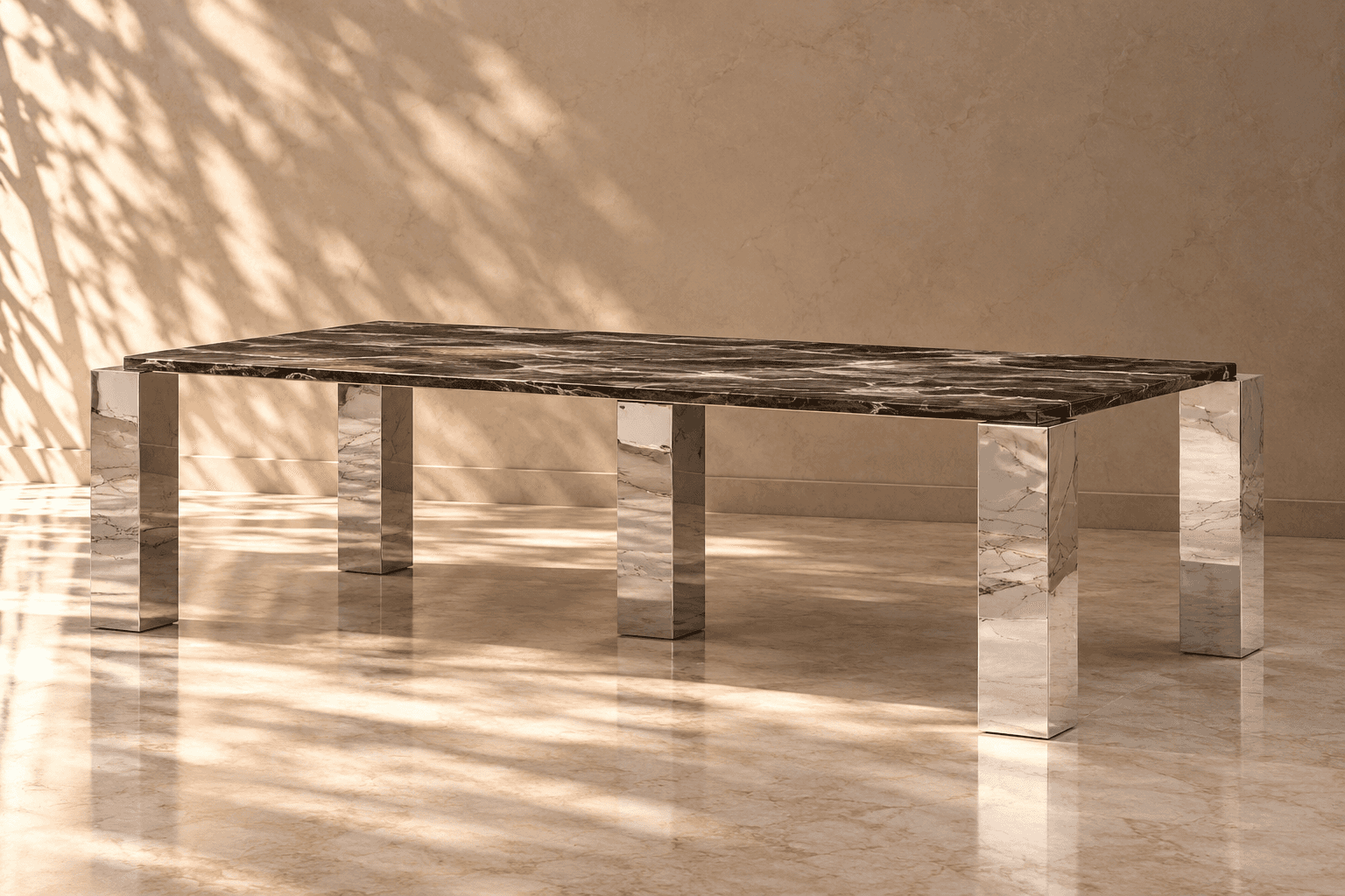 A rectangular coffee table featuring a dark brown marble top with prominent veining, supported by fo… — free STL 3D model