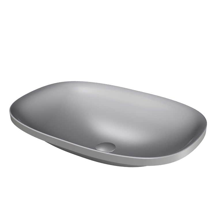 A modern, oval-shaped vessel sink with a smooth, matte gray finish. The sink has a shallow basin and… — 3D model