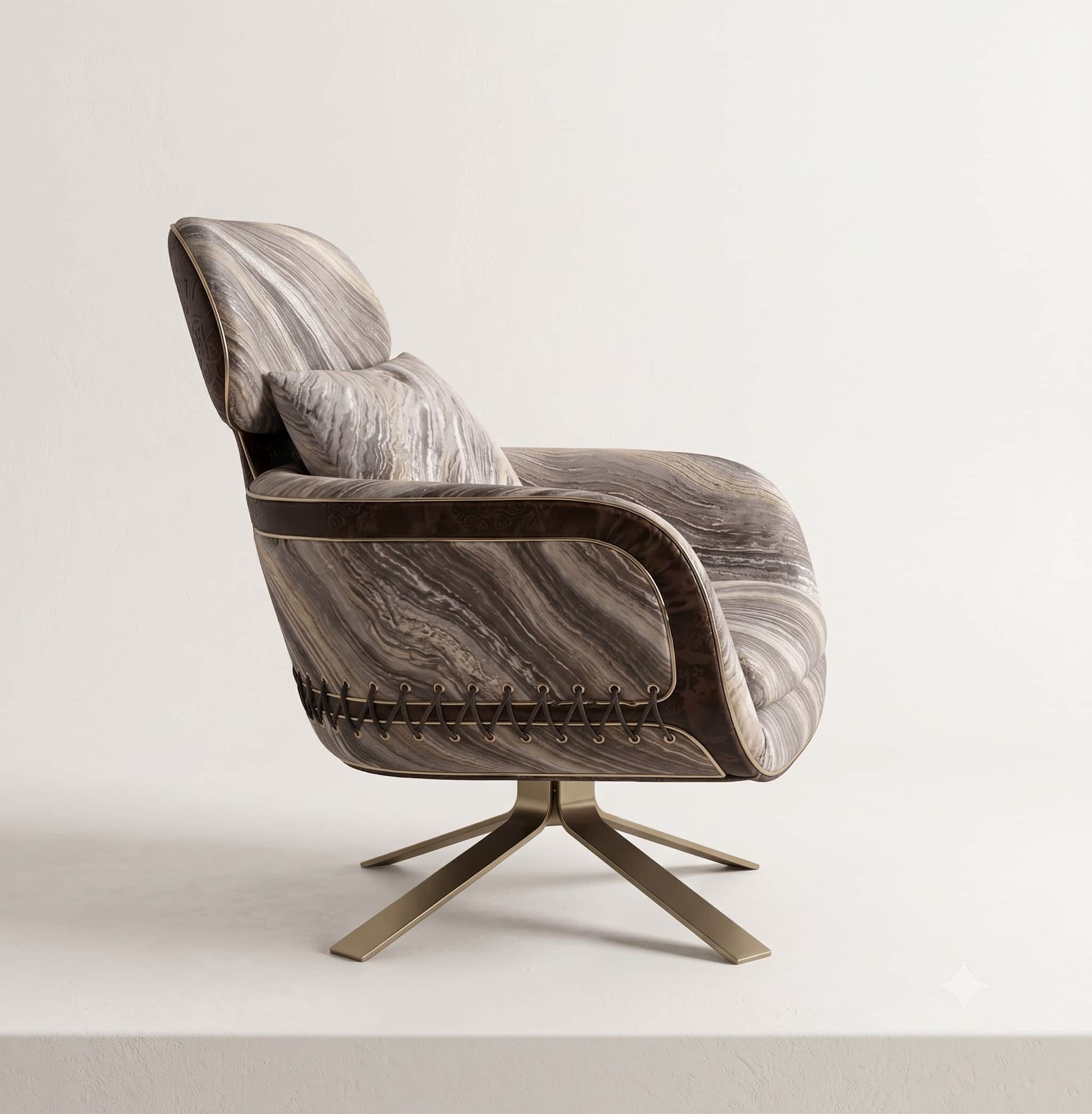 A contemporary swivel lounge chair featuring a curved silhouette, upholstered in a marbled or streak… — free OBJ 3D model