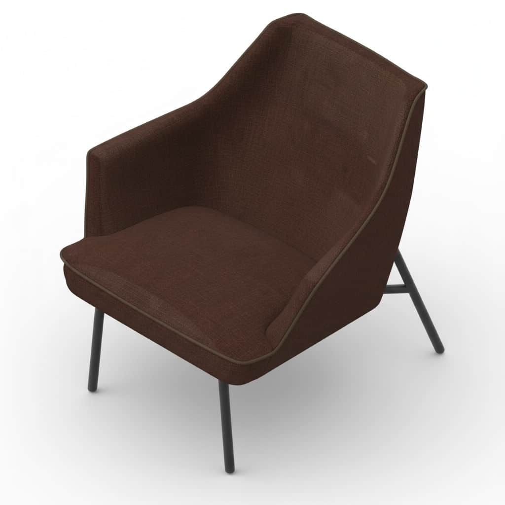 A modern upholstered lounge armchair with a deep brown fabric, integrated armrests, and slender blac… — free OBJ 3D model