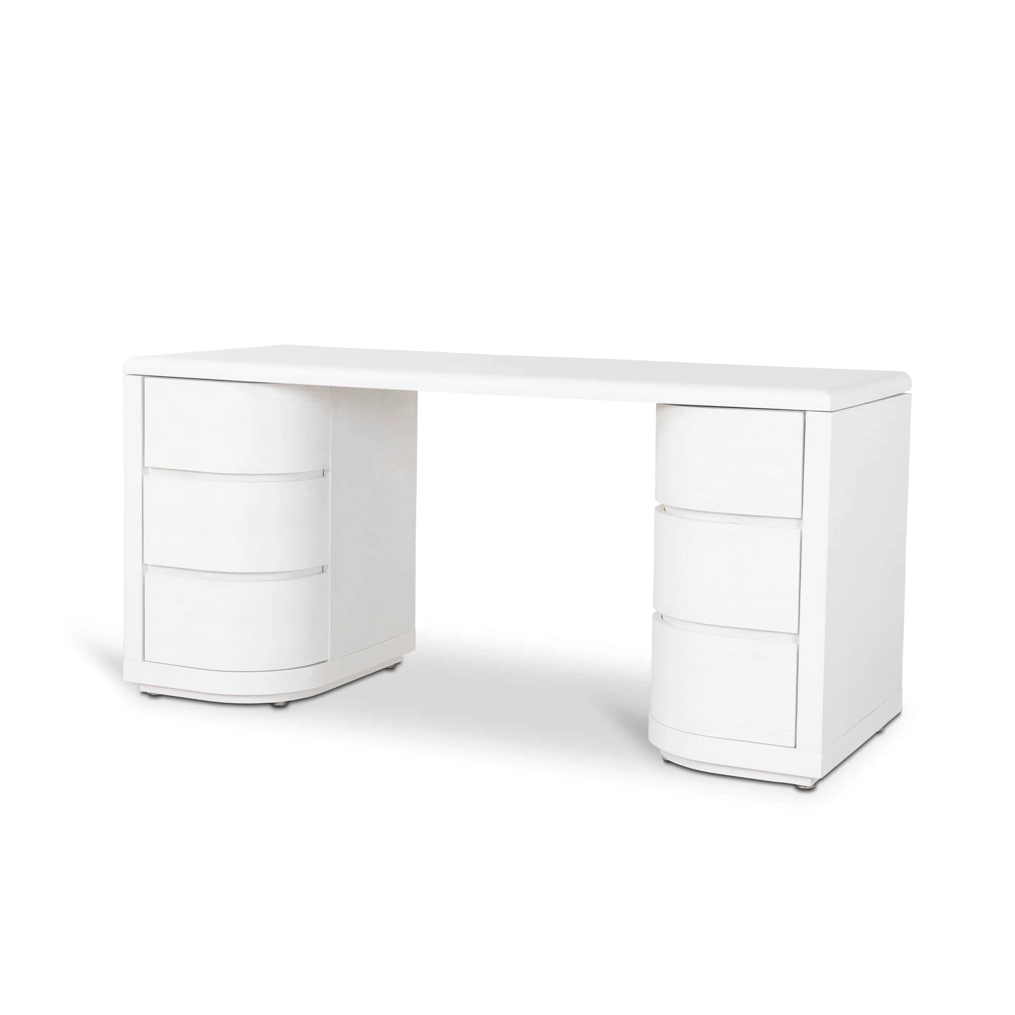 A white, modern desk with a smooth, curved surface. It features two pedestal bases, each containing… — 3D model