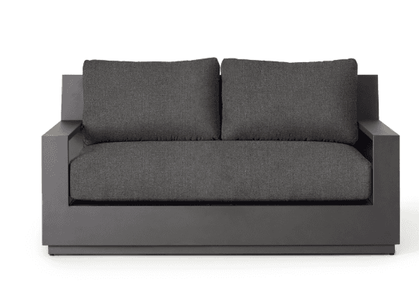 A modern two-seater loveseat featuring a dark grey metal frame with integrated blocky armrests and m… — 3D model
