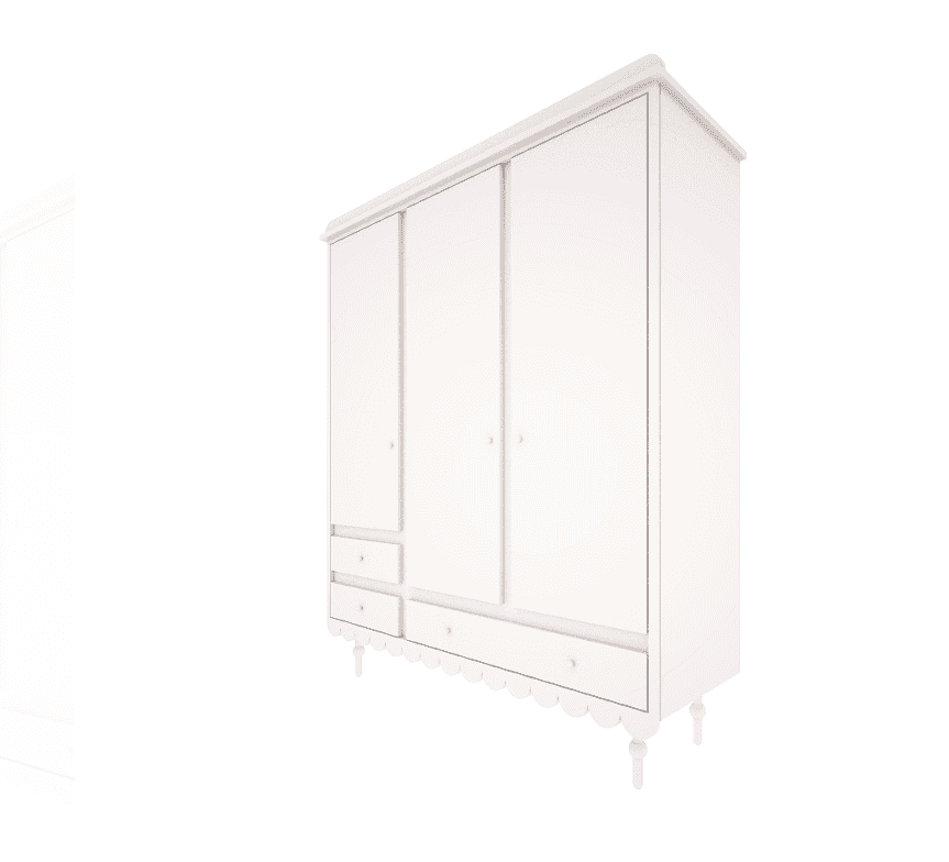 A white painted wooden wardrobe featuring a classic design. It has three doors in total: one on the… — 3D model