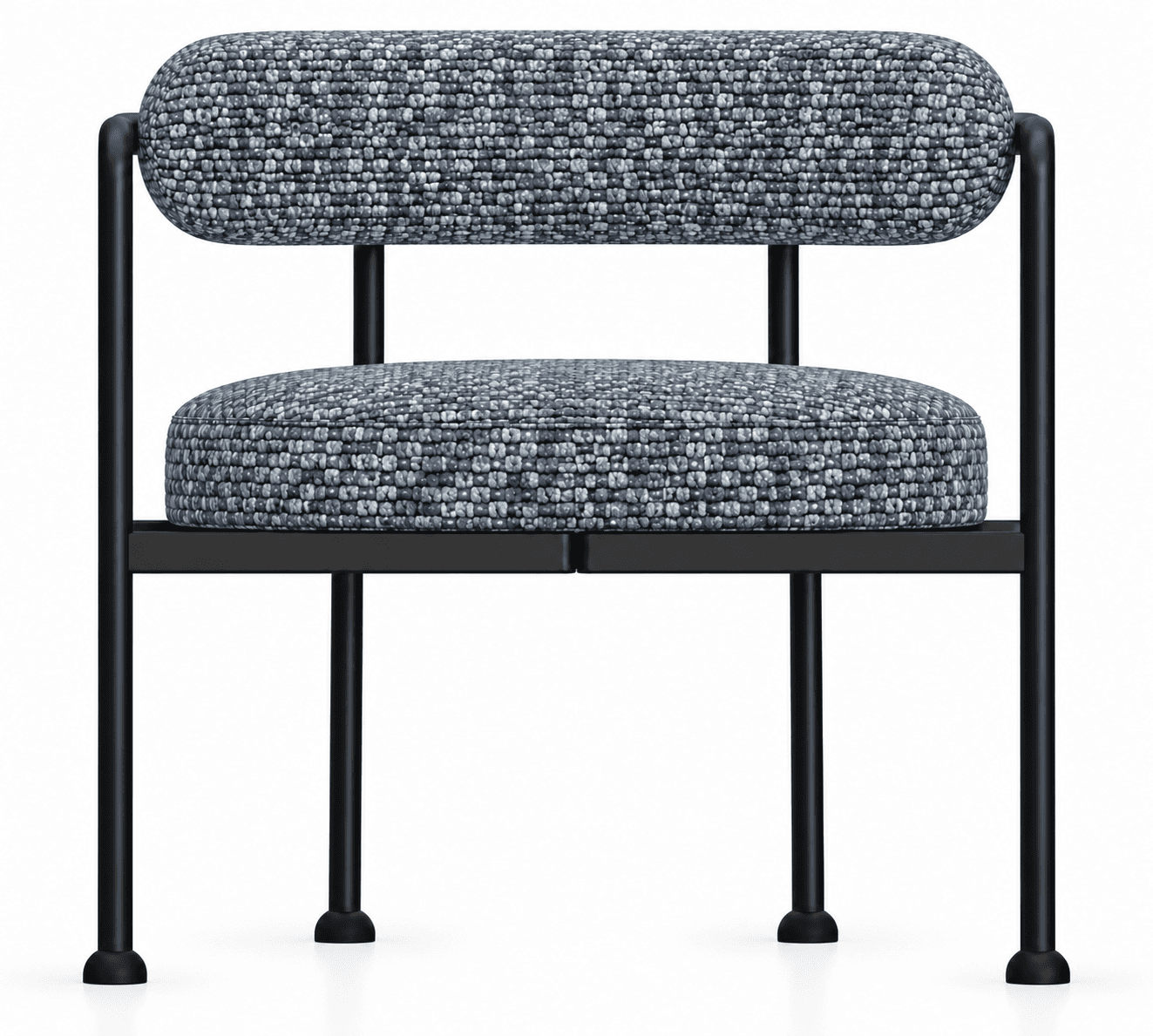 An armless accent chair featuring a minimalist black metal frame and two distinct, rounded cushions… — 3D model