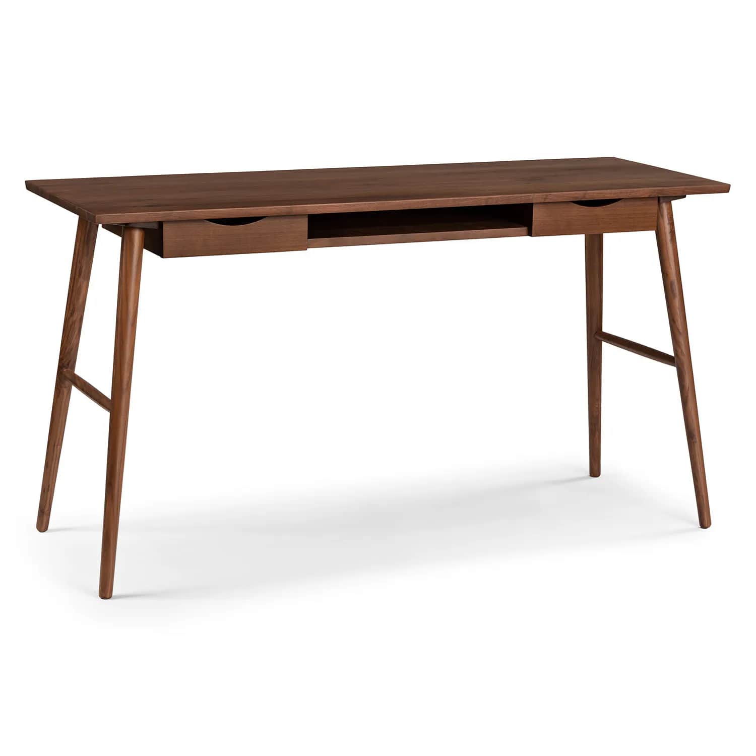 A rectangular writing desk in a mid-century modern style, crafted from dark walnut-finished wood. It… — 3D model