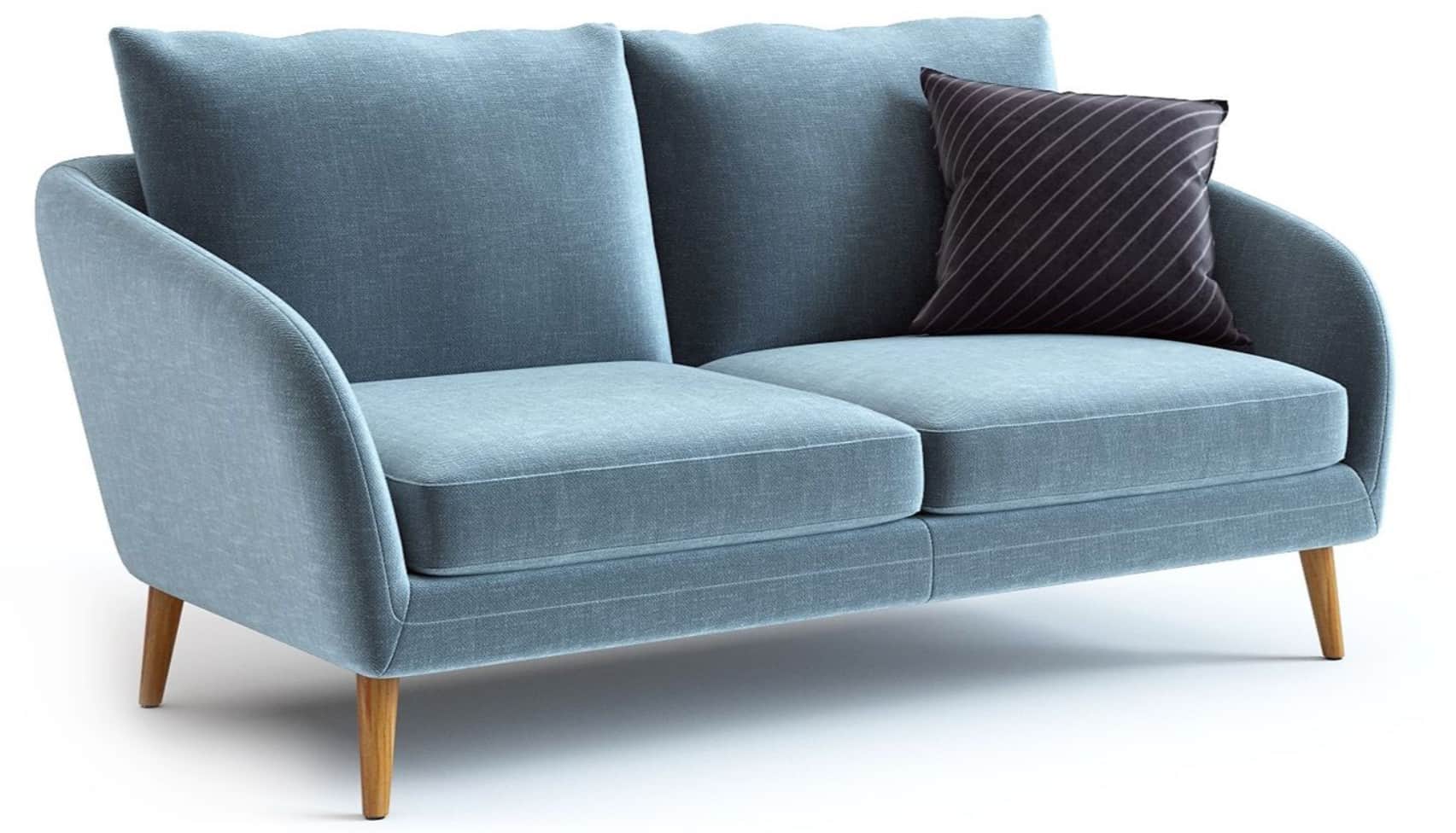 A contemporary two-seater loveseat upholstered in a light blue textured fabric, featuring rounded tr… — 3D model