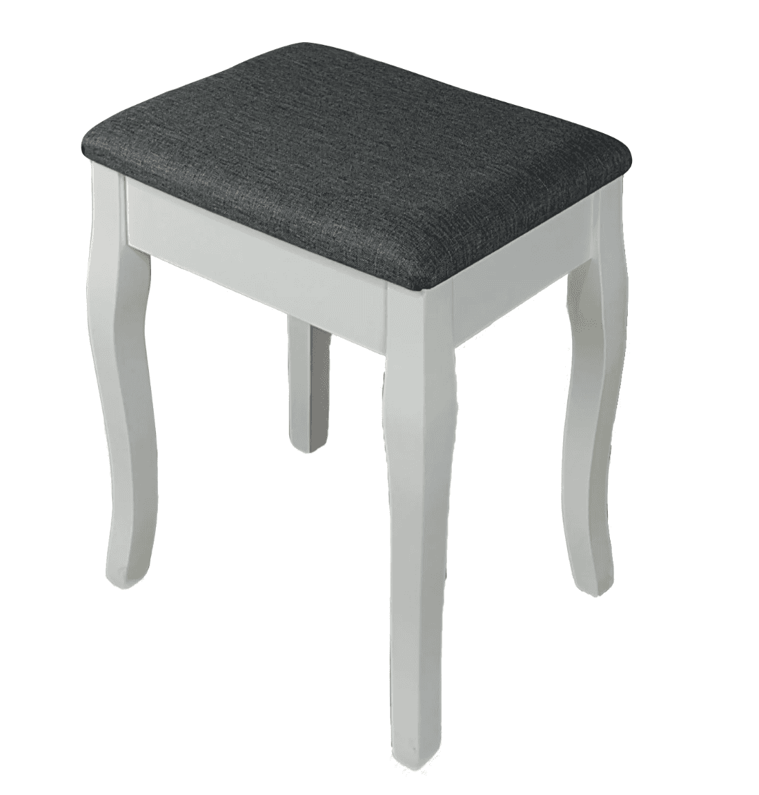 A compact rectangular stool featuring a dark gray upholstered seat and a white painted wooden frame,… — 3D model