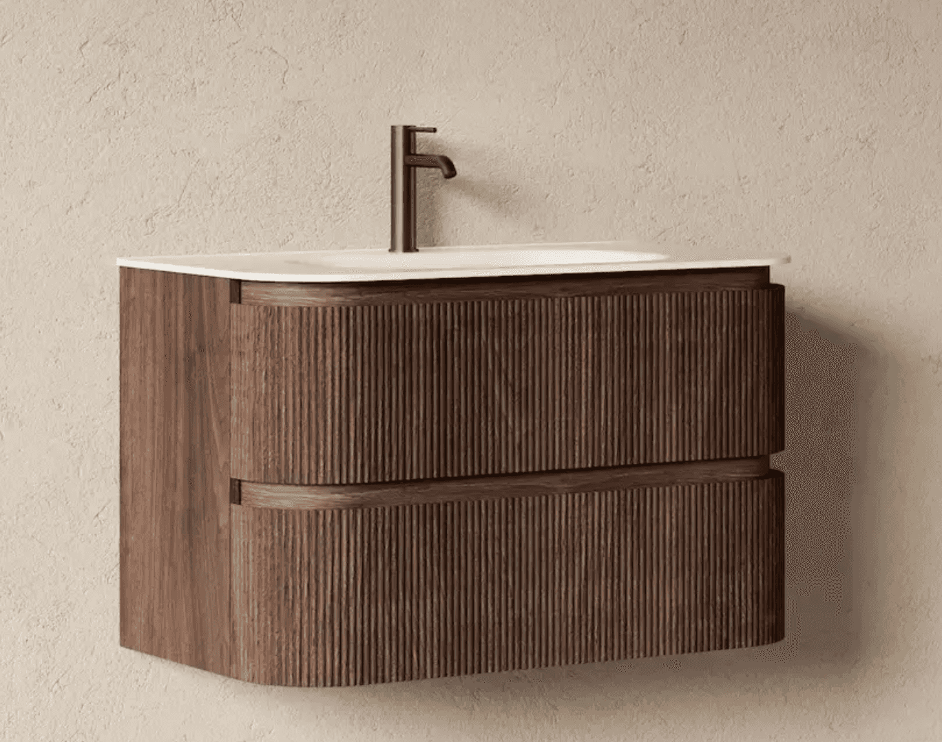 A wall-mounted bathroom vanity with a white countertop and integrated sink. The vanity features two… — 3D model