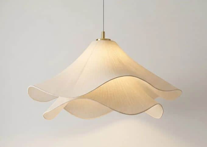 A contemporary pendant light featuring a shade crafted from multiple layers of off-white fabric, arr… — 3D model
