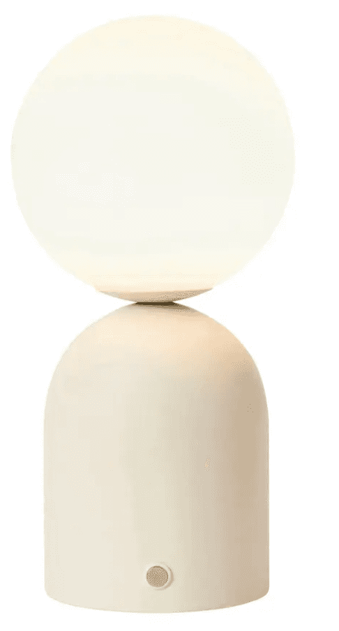 An off-white minimalist table lamp featuring a spherical frosted glass diffuser balanced atop a roun… — 3D model