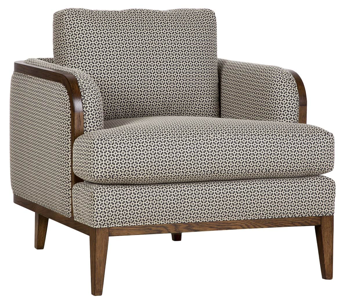 A contemporary upholstered armchair featuring an exposed dark wood frame that outlines the arms and… — free OBJ 3D model