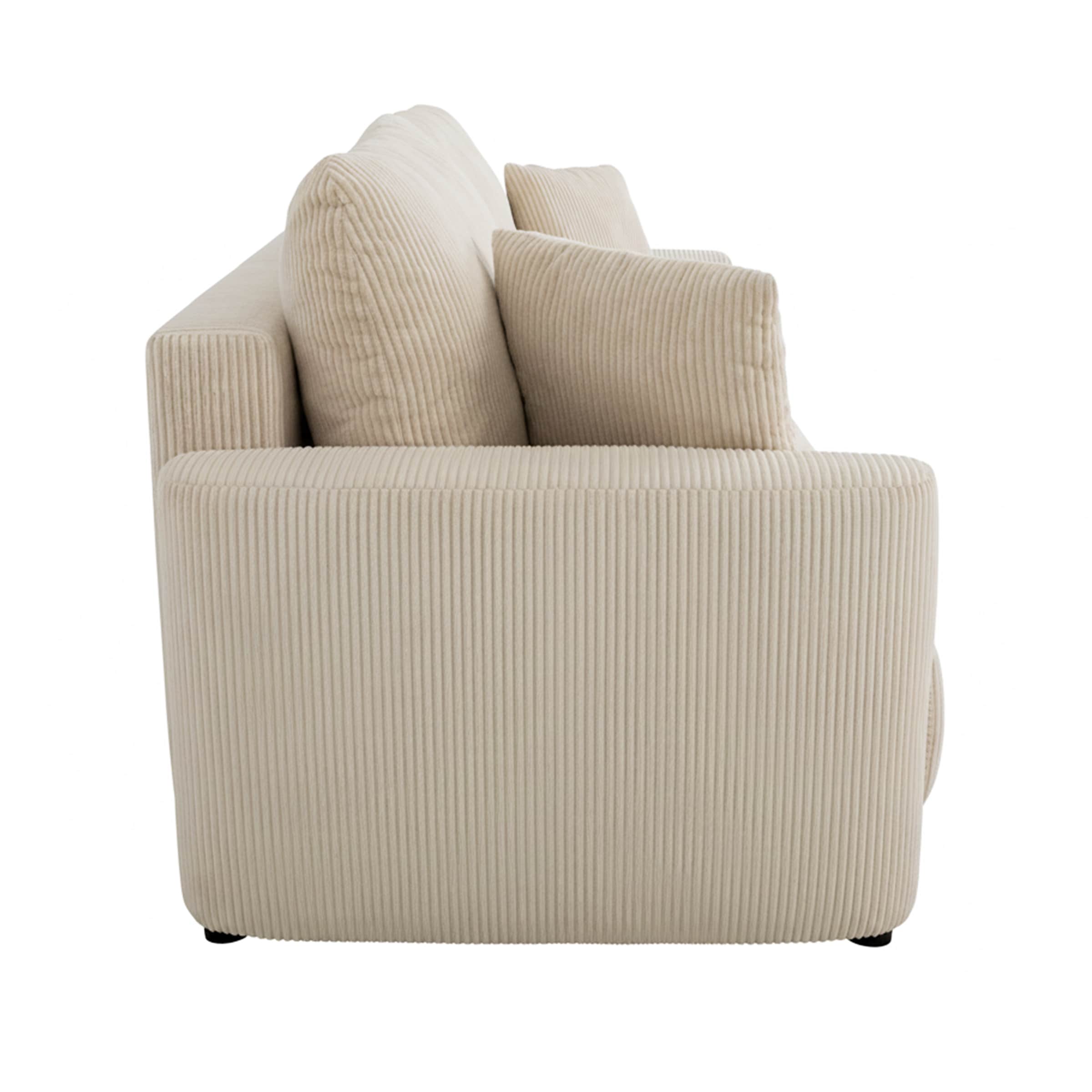 A contemporary three-seat sofa upholstered in light beige corduroy fabric, featuring thick cushions… — free GLTF 3D model