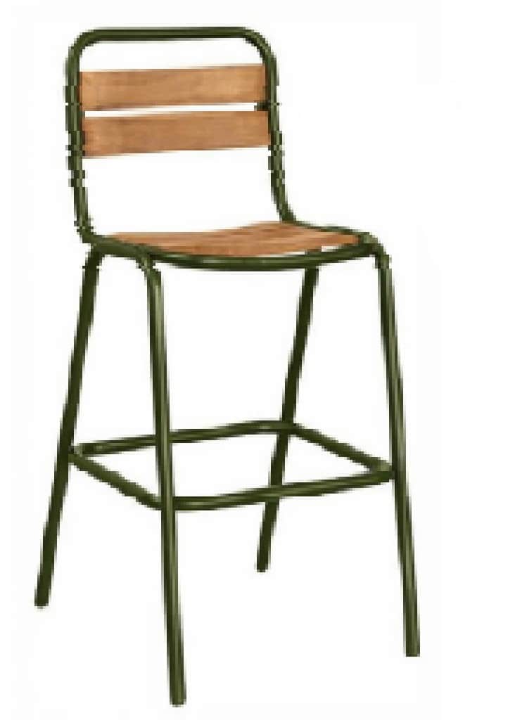 A bar stool with a metal frame and wooden seat and backrest. The frame is constructed from dark gree… — free SKP 3D model