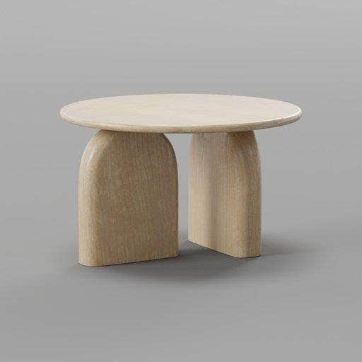 A minimalist coffee table featuring a circular tabletop supported by two large, arch-shaped base ele… — 3D model