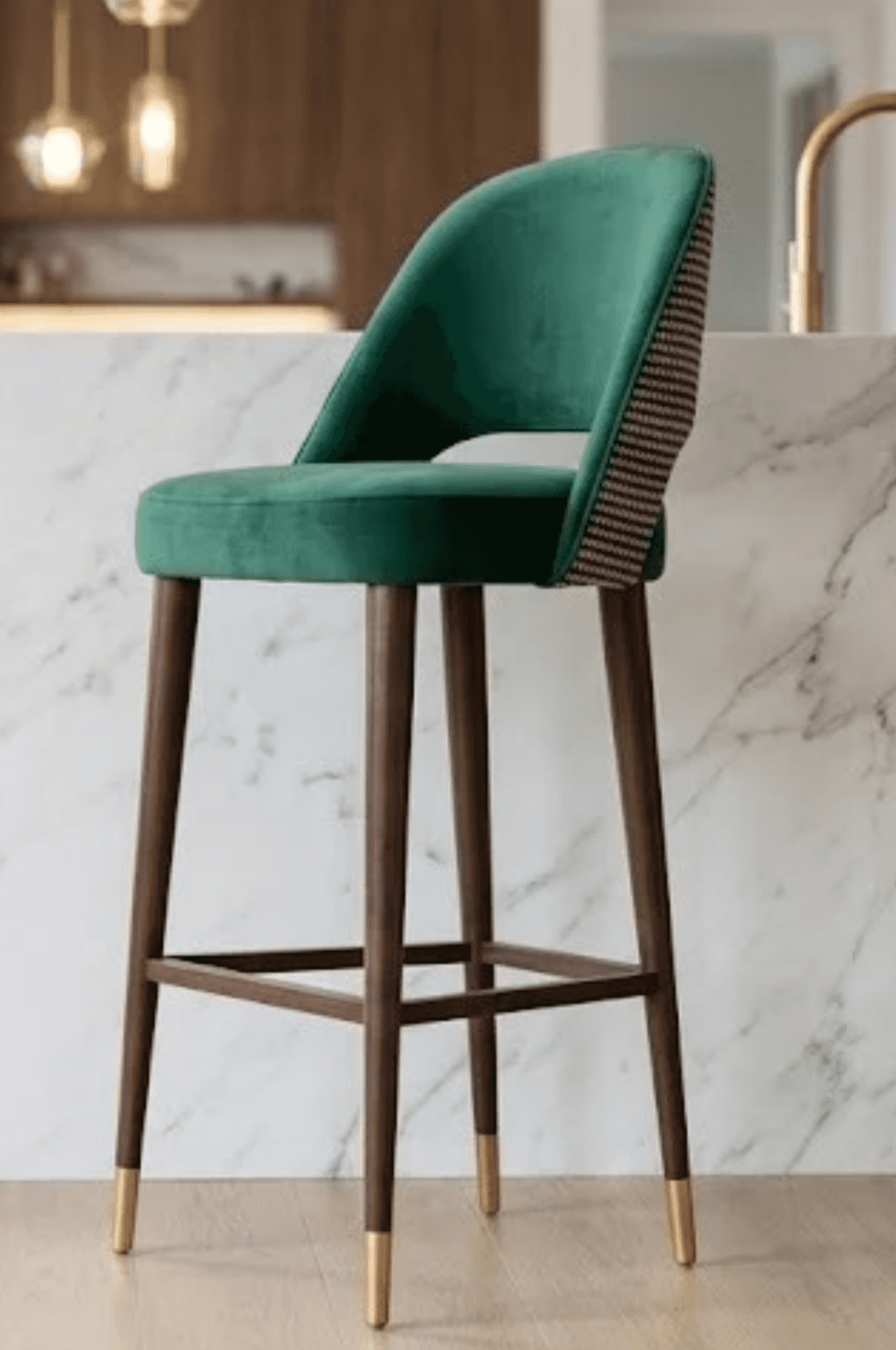 A contemporary bar stool featuring an emerald green velvet upholstered seat and a curved backrest wi… — 3D model