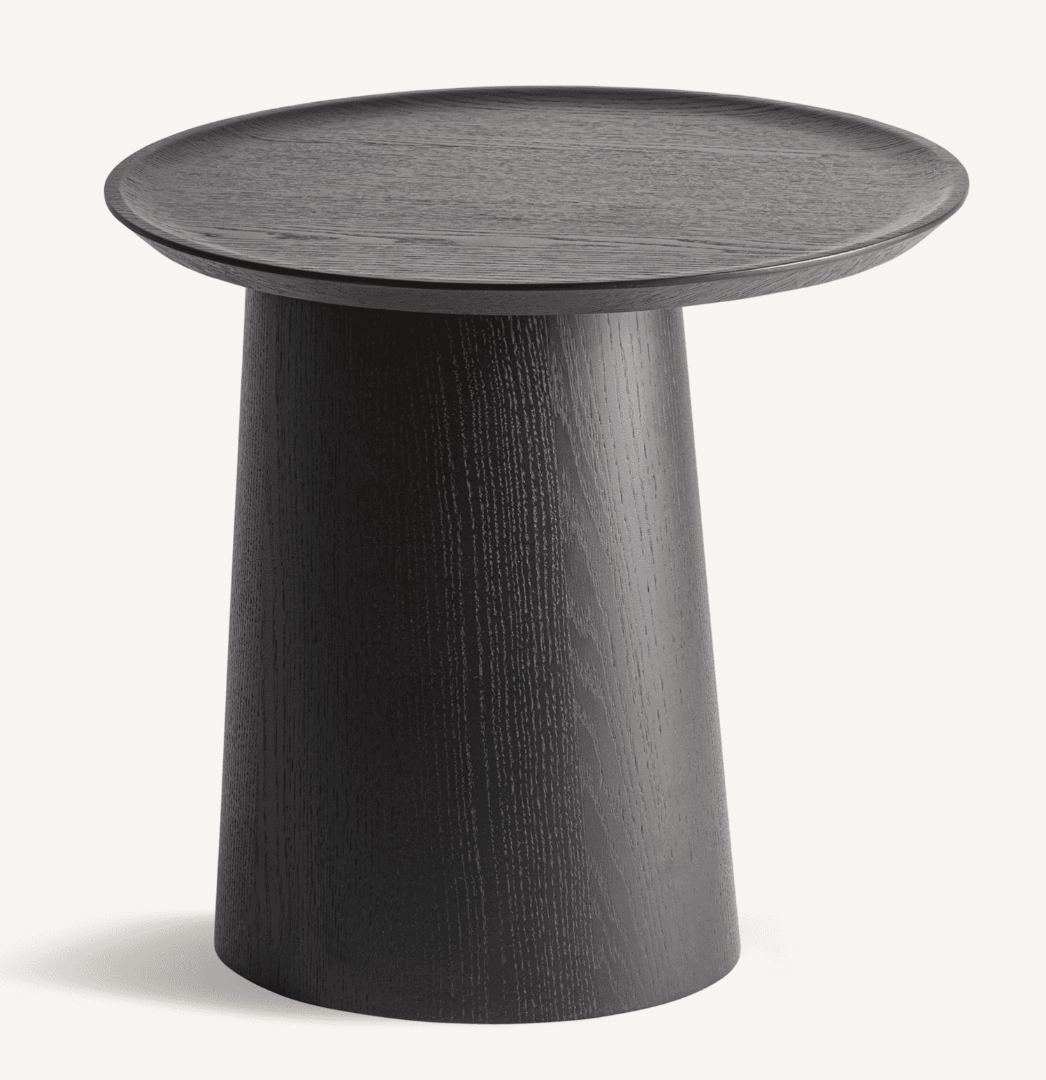 A modern side table featuring a dark-stained wood construction with a round, slightly dished top and… — 3D model