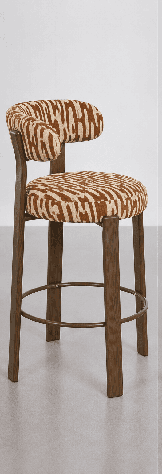 A contemporary bar stool featuring a dark wood frame and distinctive zebra-print upholstery. The sto… — 3D model