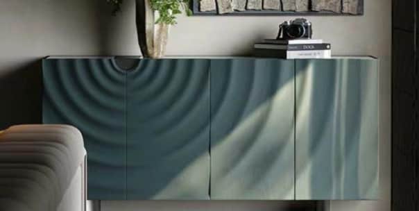 A contemporary long, rectangular storage cabinet or sideboard featuring four doors with a distinctiv… — 3D model