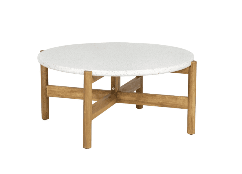 A round coffee table with a speckled white composite top and a wooden base. The base consists of fou… — free FBX 3D model