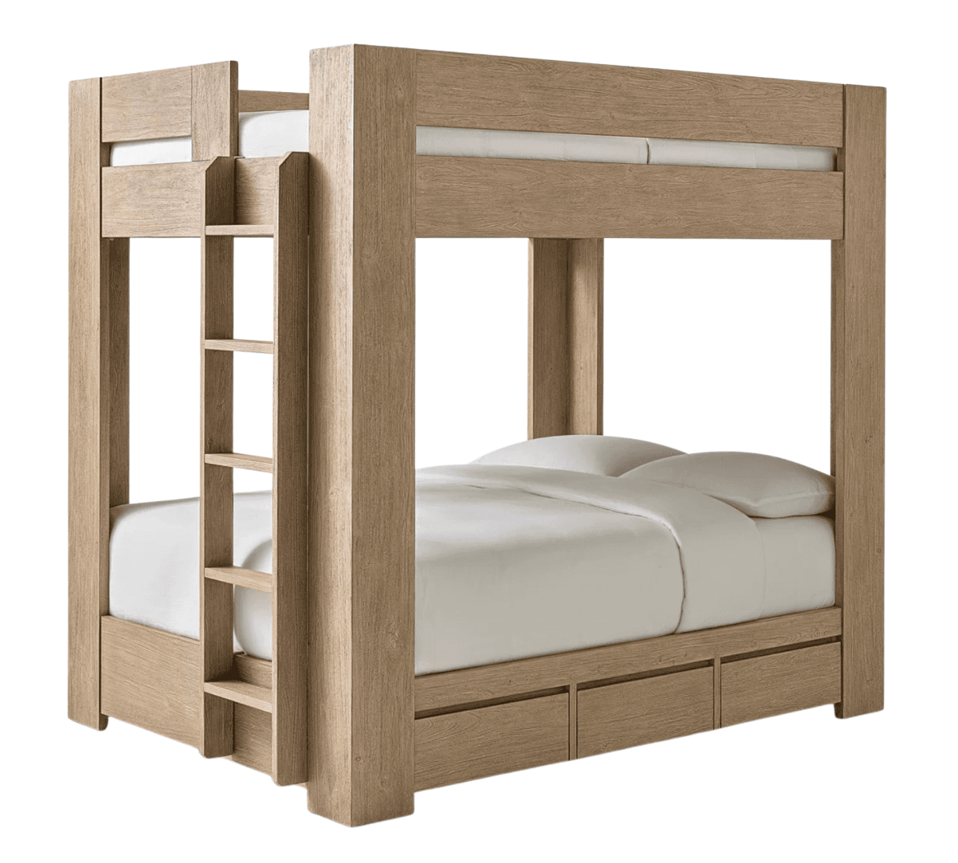 A sturdy wooden bunk bed with a natural wood finish. It features two sleeping levels, a ladder for a… — 3D model