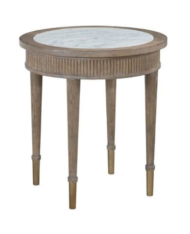 A round end table with a marble top and a wooden base. The base has a fluted design around its circu… — 3D model