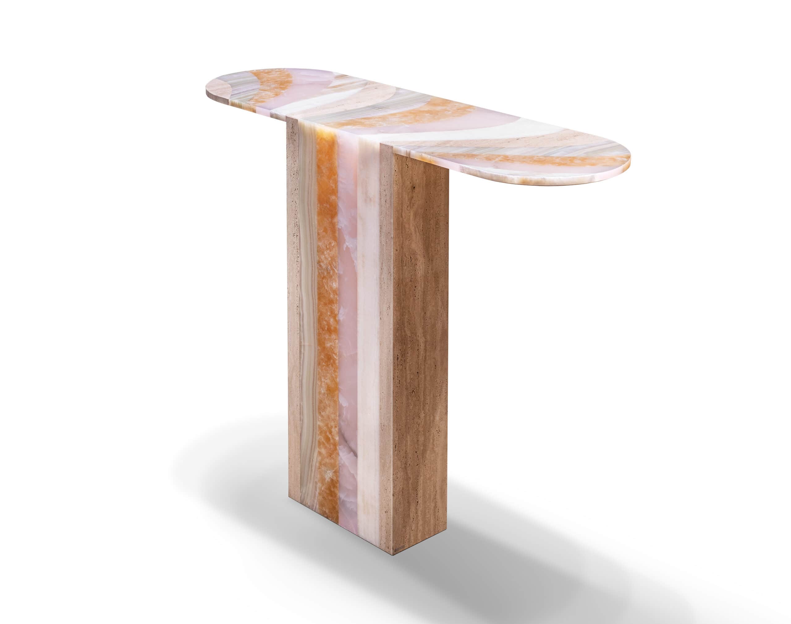 A modern console table with a unique, layered construction. The tabletop is elongated with rounded e… — 3D model