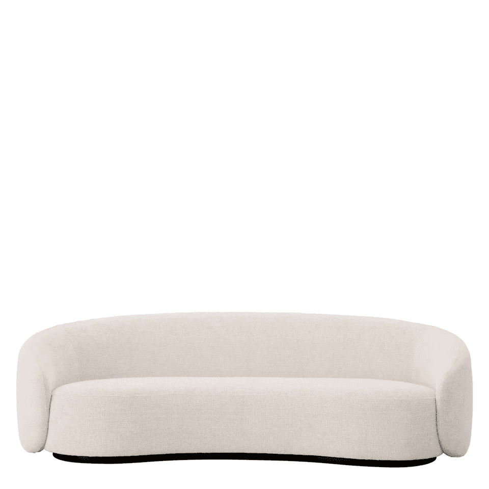 A modern, curved sofa upholstered in a light, textured boucle fabric, featuring a minimalist design… — free GLTF 3D model