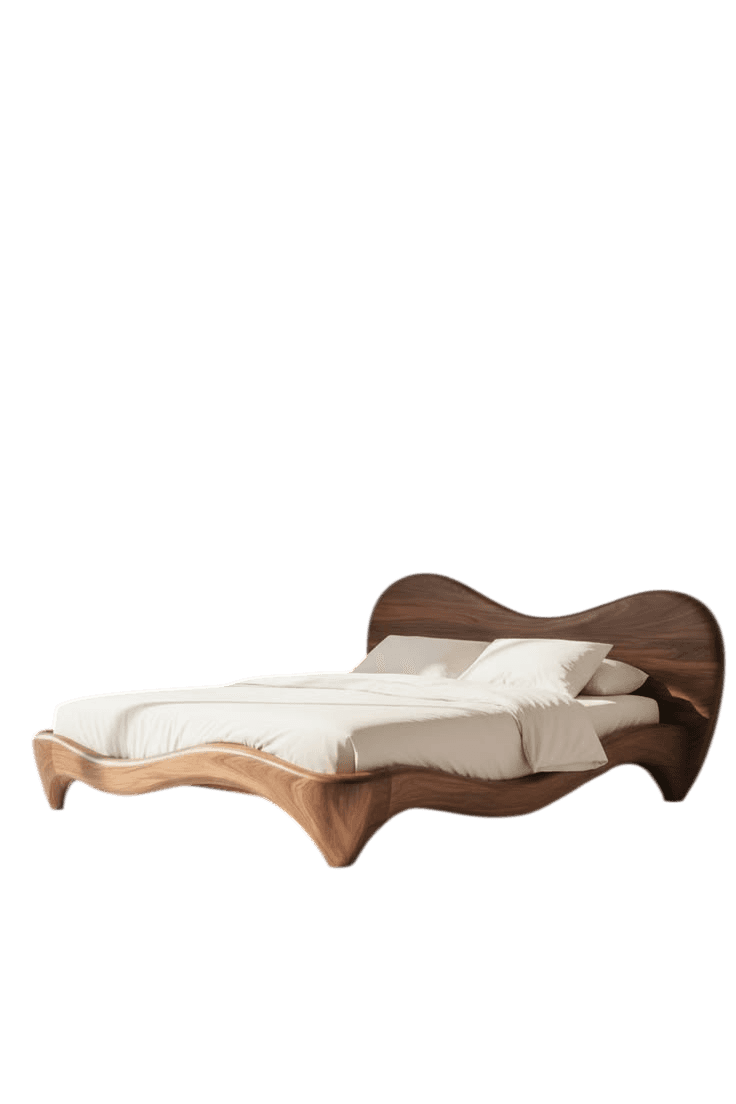 A modern platform bed with an organically shaped wooden frame and an integrated curved headboard, fe… — 3D model