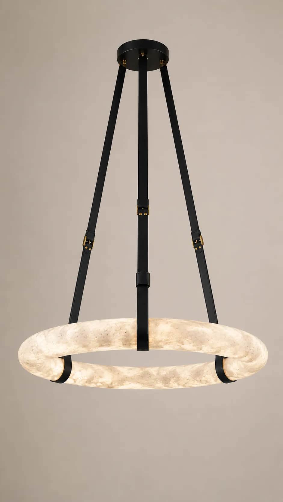 A modern circular pendant light featuring a large, illuminated off-white ring suspended by three bla… — 3D model