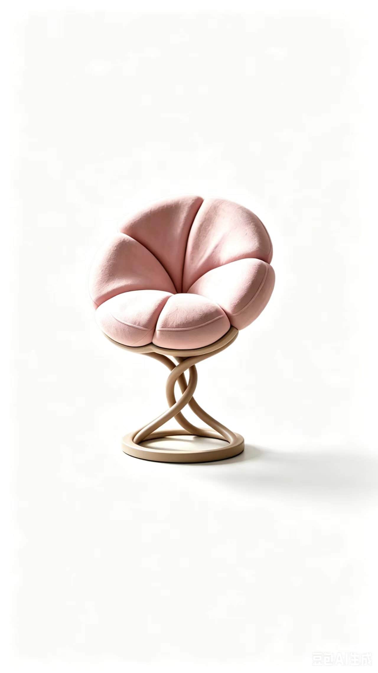 A modern sculptural lounge chair featuring a unique petal-shaped upholstered seat in pink, supported… — 3D model