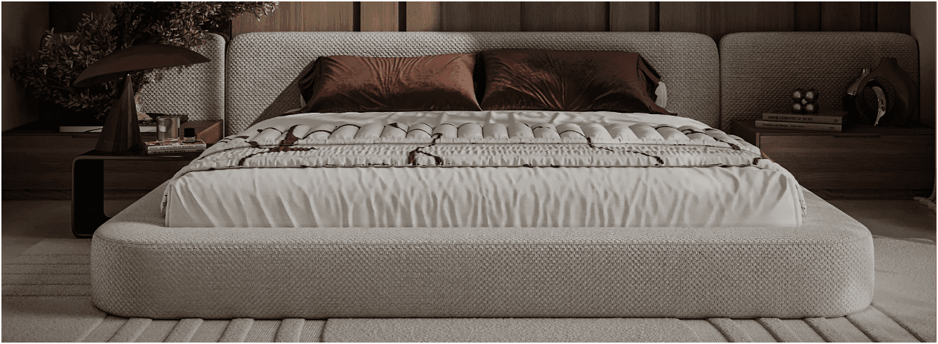A modern upholstered platform bed featuring a low-profile design, integrated headboard, and soft, ro… — free BLEND 3D model