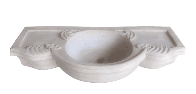 A wall-mounted sink basin with an integrated countertop and decorative carving. The basin is circula… — 3D model