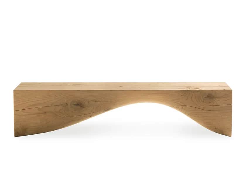 A contemporary bench crafted from a single, thick wooden beam. The top surface is flat and rectangul… — 3D model