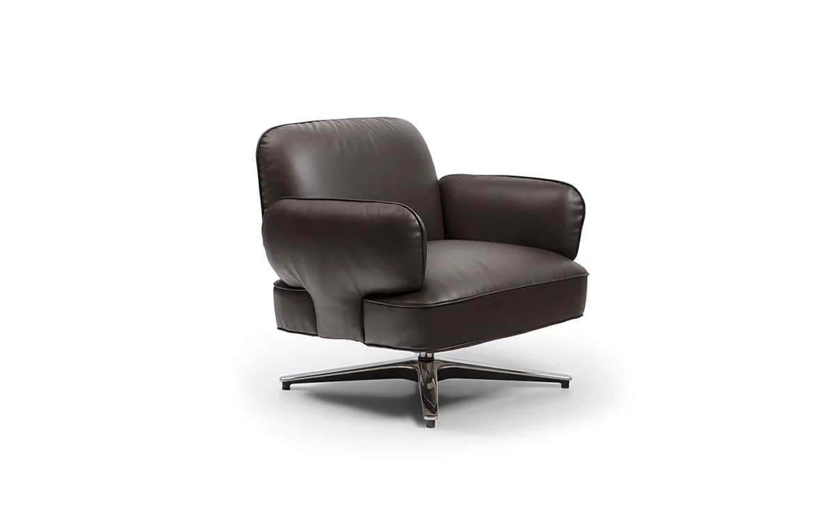 A modern swivel lounge chair upholstered in dark brown leather. The chair features a compact, rounde… — 3D model