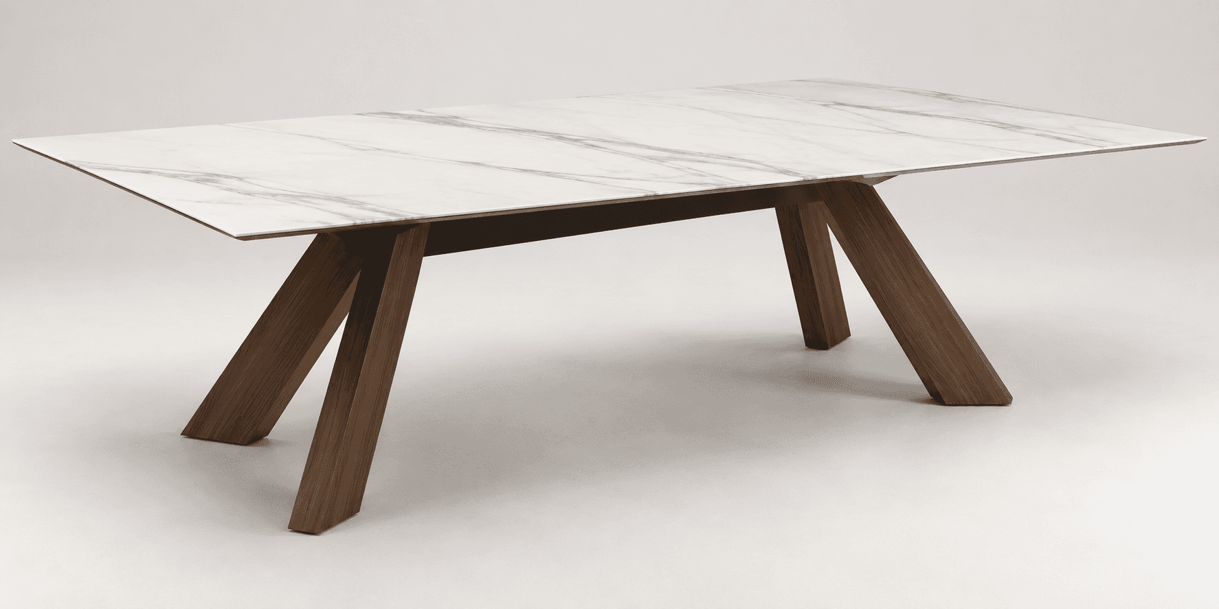 A modern rectangular dining table featuring a white top with a grey marble-effect pattern. The table… — 3D model