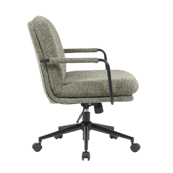 A contemporary upholstered office chair featuring a textured light green fabric, black metal armrest… — 3D model